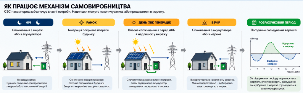 Схема роботи активного споживача електроенергії та механізму самовиробництва для власників СЕС
